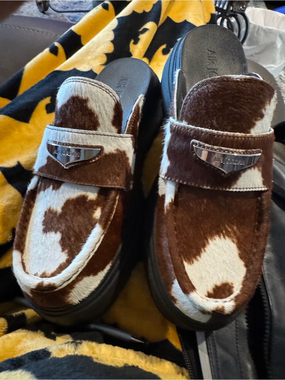 Jordan Women’s Brown & White Cow-Print Slip-On Mules